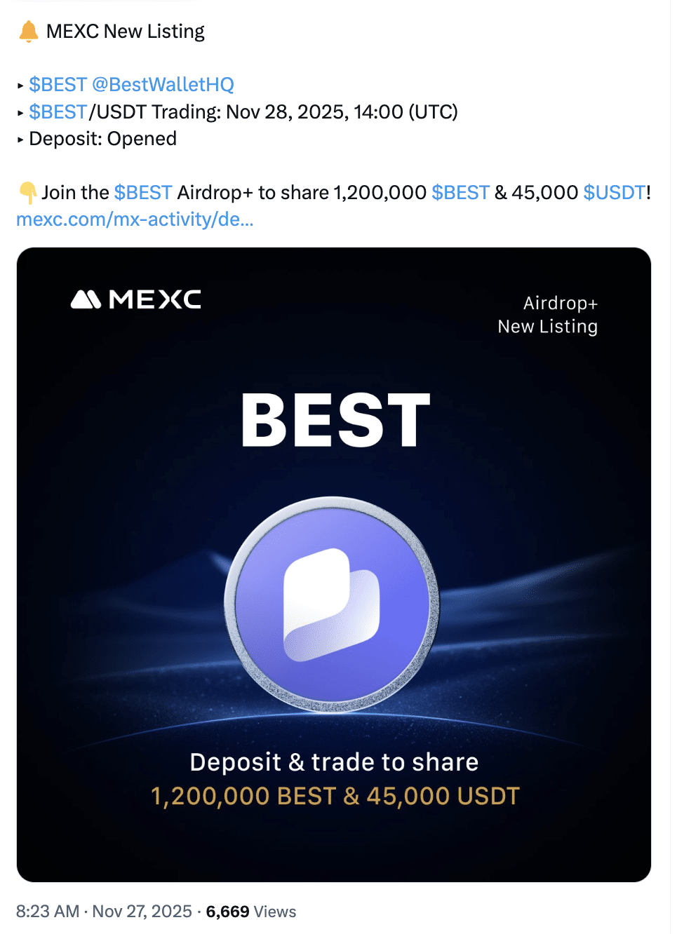 Token BEST estreia na MEXC em 28 de novembro com airdrop de 1,2 milhão de unidades e 45 mil USDT - Imagem do artigo original